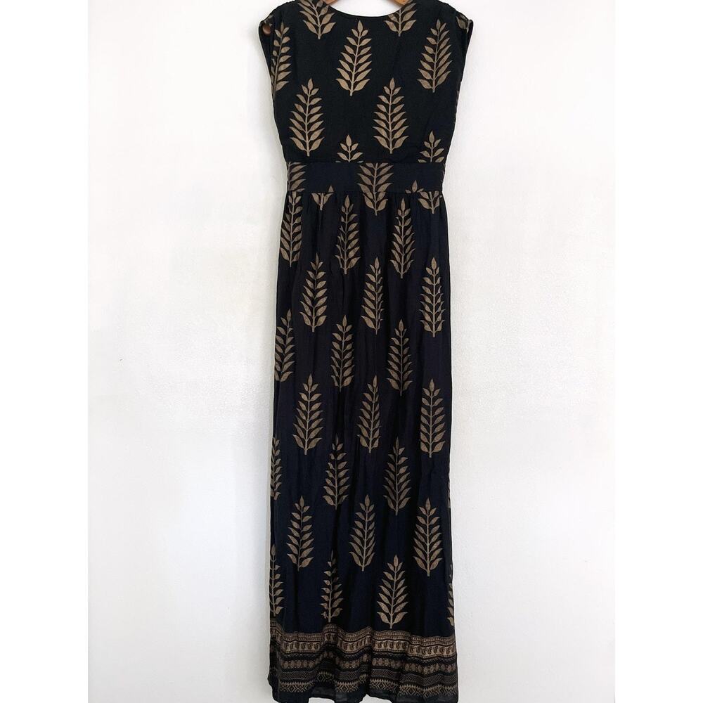 Lapogee Dress Womens M Black Gold Leaf Print Maxi Lined Boho India V Neck Resort - Picture 2 of 10